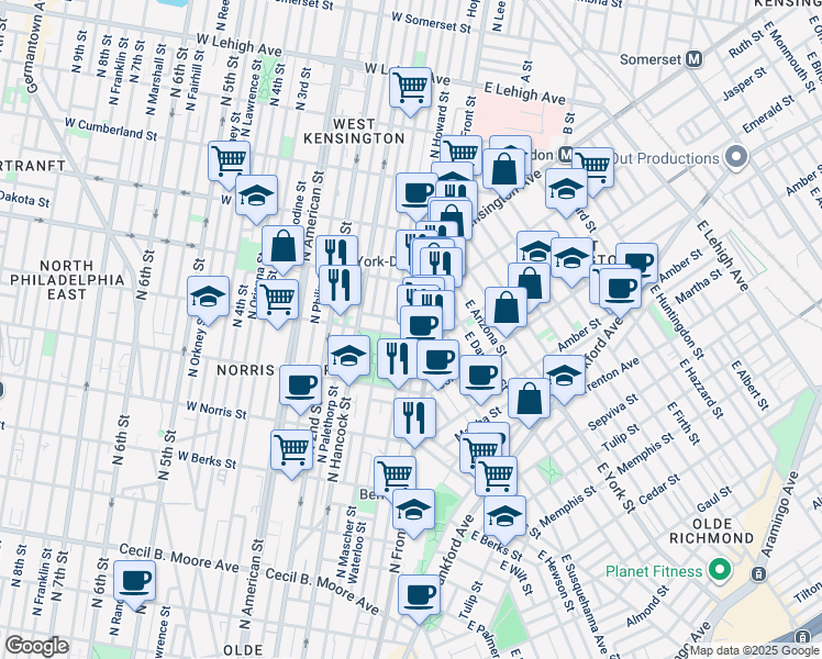 map of restaurants, bars, coffee shops, grocery stores, and more near 2207 North Howard Street in Philadelphia