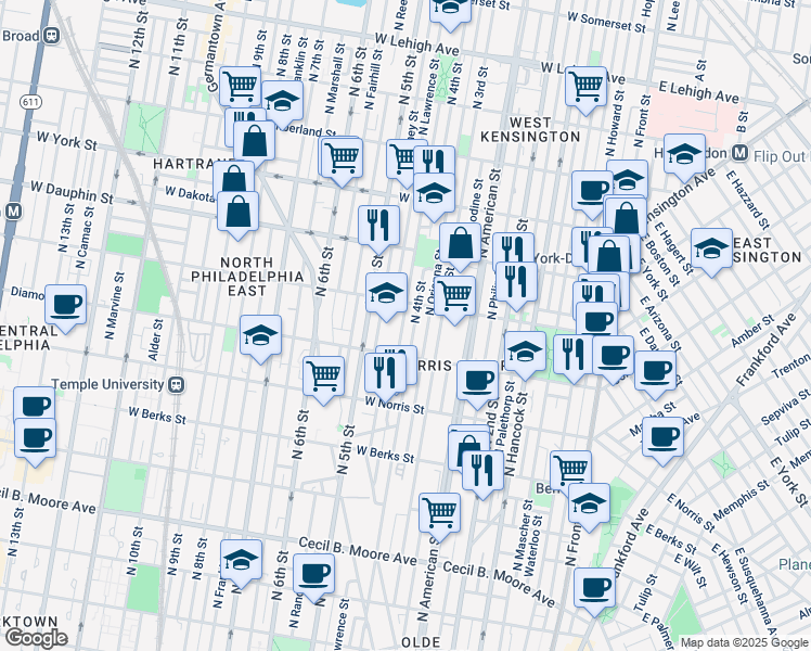 map of restaurants, bars, coffee shops, grocery stores, and more near 2141 North Leithgow Street in Philadelphia