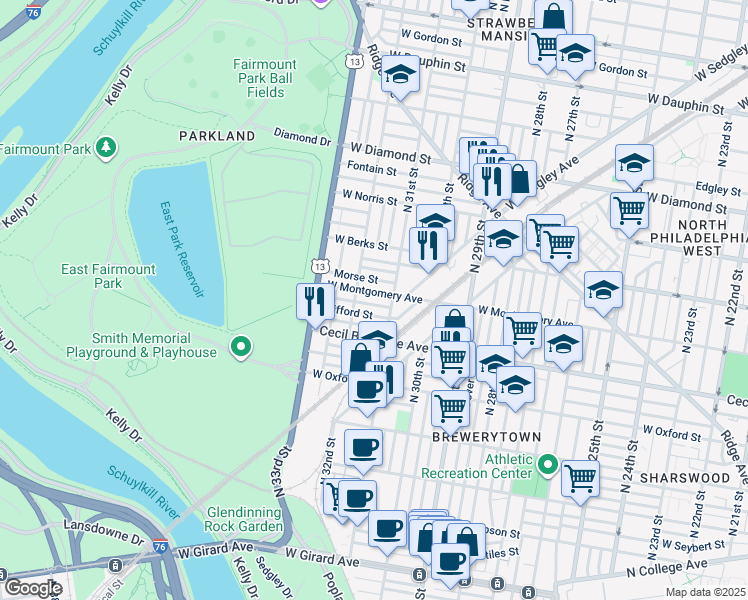 map of restaurants, bars, coffee shops, grocery stores, and more near 3122 West Montgomery Avenue in Philadelphia