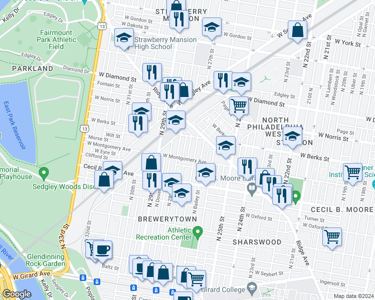 map of restaurants, bars, coffee shops, grocery stores, and more near 1826 North Etting Street in Philadelphia