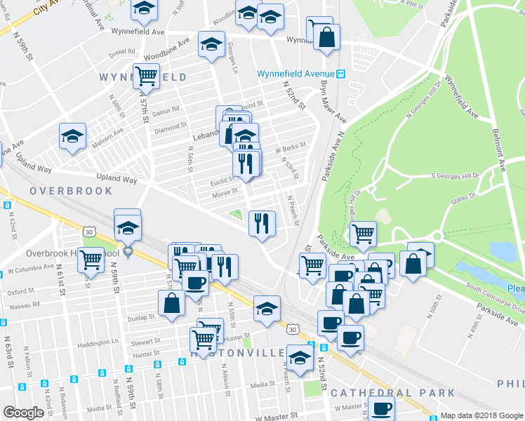 map of restaurants, bars, coffee shops, grocery stores, and more near 5370 Hazelhurst Street in Philadelphia