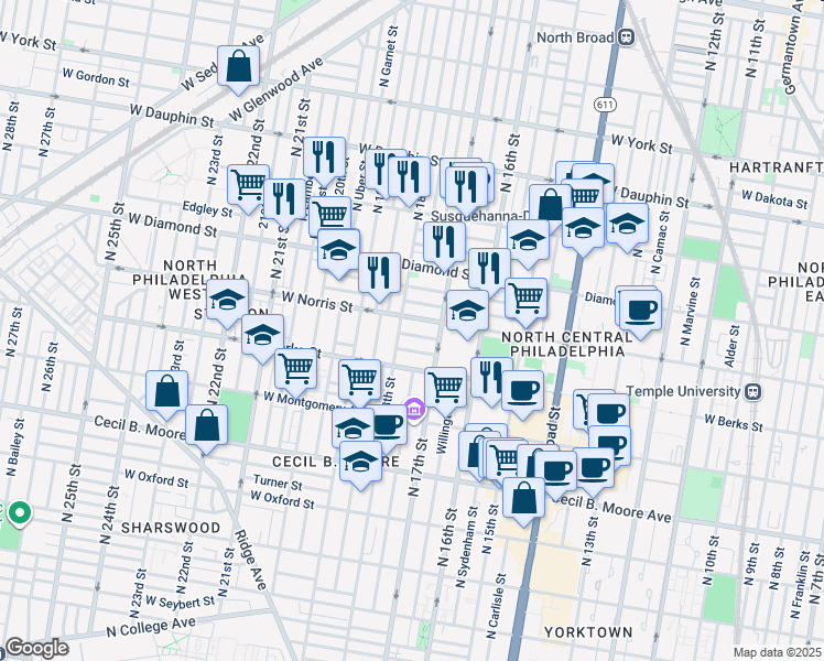 map of restaurants, bars, coffee shops, grocery stores, and more near 1723 Arlington Street in Philadelphia