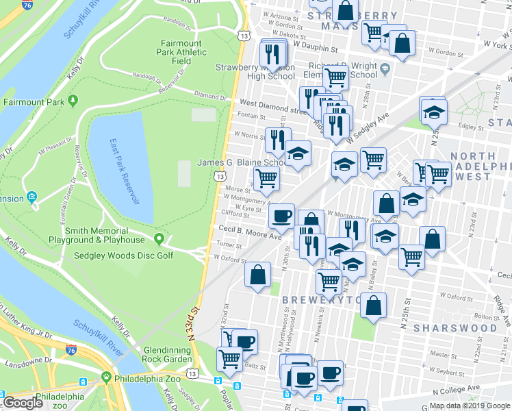 map of restaurants, bars, coffee shops, grocery stores, and more near 3122 West Montgomery Avenue in Philadelphia