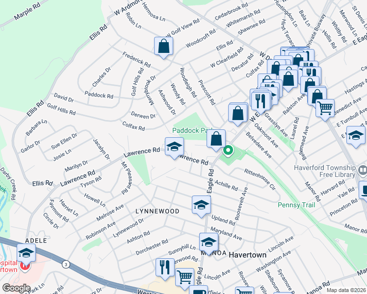 map of restaurants, bars, coffee shops, grocery stores, and more near 1395 Lawrence Road in Havertown