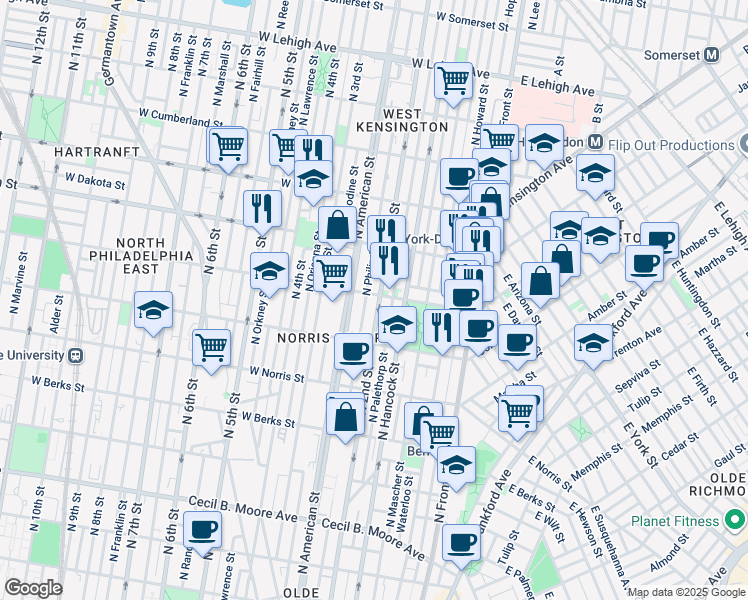 map of restaurants, bars, coffee shops, grocery stores, and more near 2160 North 2nd Street in Philadelphia