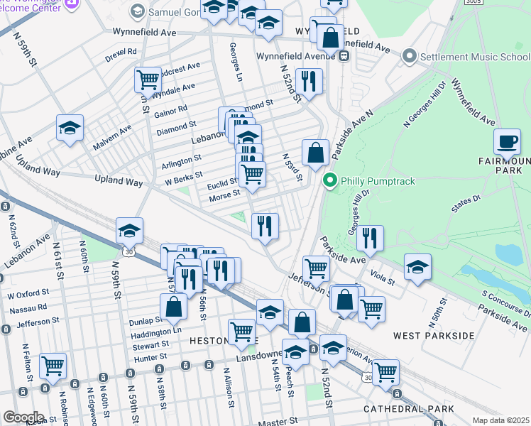 map of restaurants, bars, coffee shops, grocery stores, and more near 5370 Hazelhurst Street in Philadelphia