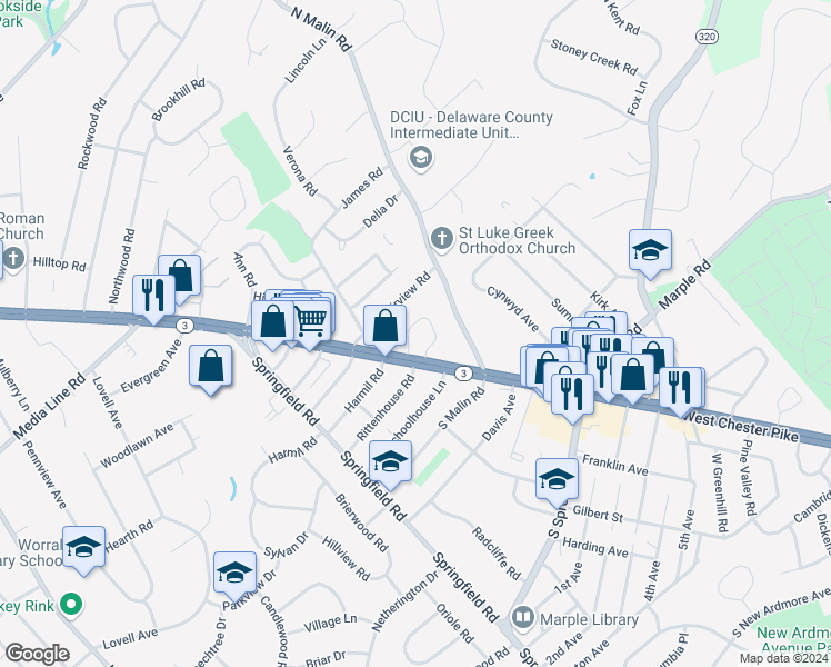 map of restaurants, bars, coffee shops, grocery stores, and more near 3 West Garden Road in Broomall