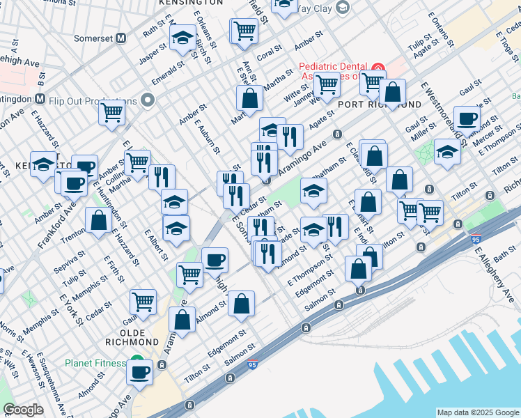 map of restaurants, bars, coffee shops, grocery stores, and more near 2848 Cedar Street in Philadelphia