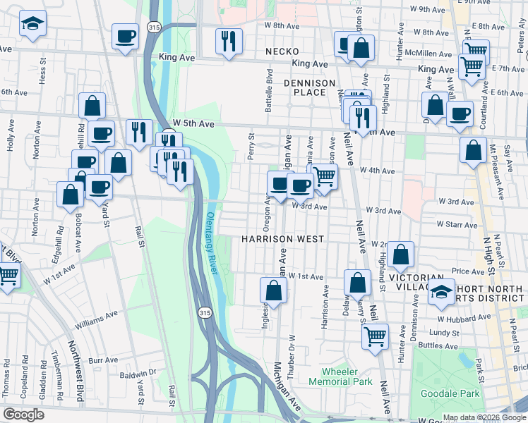 map of restaurants, bars, coffee shops, grocery stores, and more near 460 West 3rd Avenue in Columbus