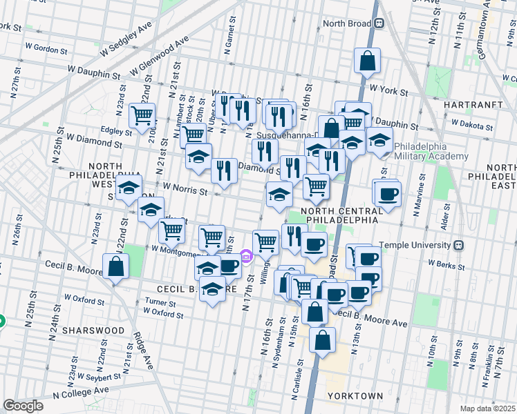 map of restaurants, bars, coffee shops, grocery stores, and more near 1936 North 17th Street in Philadelphia