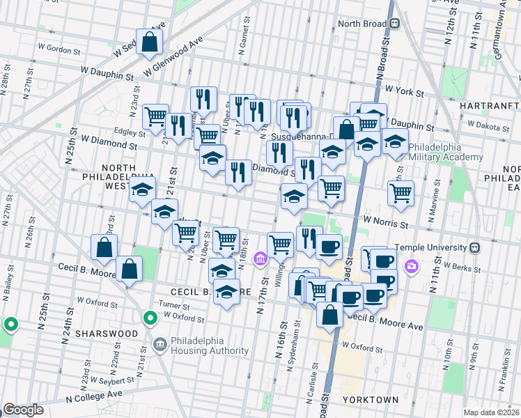 map of restaurants, bars, coffee shops, grocery stores, and more near in Philadelphia