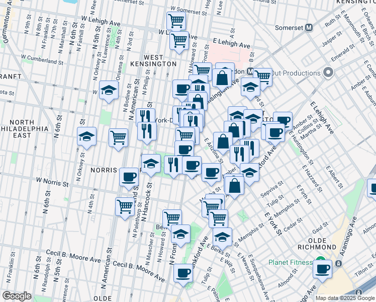 map of restaurants, bars, coffee shops, grocery stores, and more near 1918 East Dauphin Street in Philadelphia