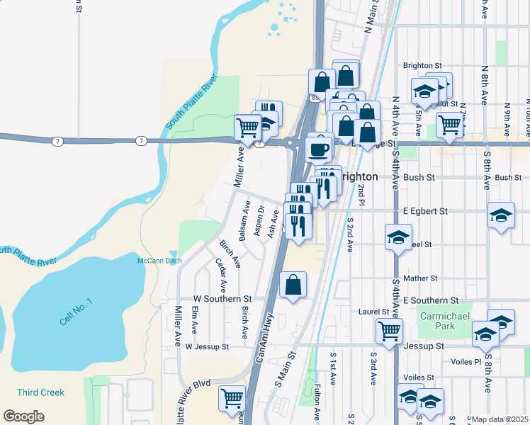 map of restaurants, bars, coffee shops, grocery stores, and more near 200 Aspen Drive in Brighton