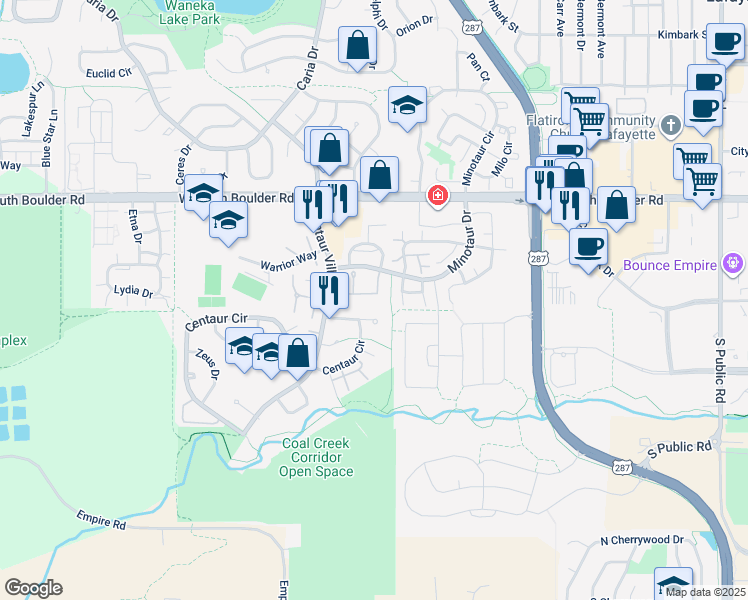 map of restaurants, bars, coffee shops, grocery stores, and more near 1410 Bacchus Drive in Lafayette