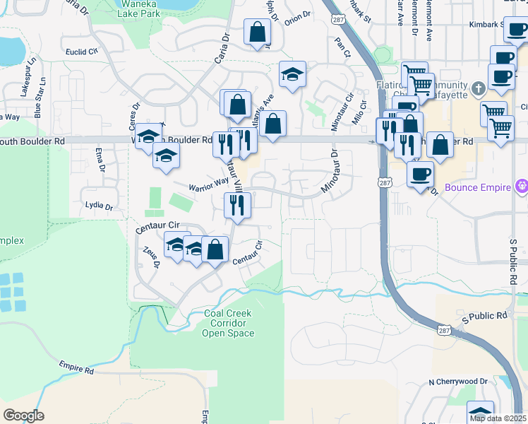 map of restaurants, bars, coffee shops, grocery stores, and more near 1410 Bacchus Drive in Lafayette
