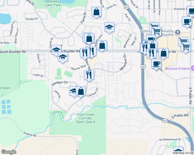map of restaurants, bars, coffee shops, grocery stores, and more near 1145 Bacchus Drive in Lafayette