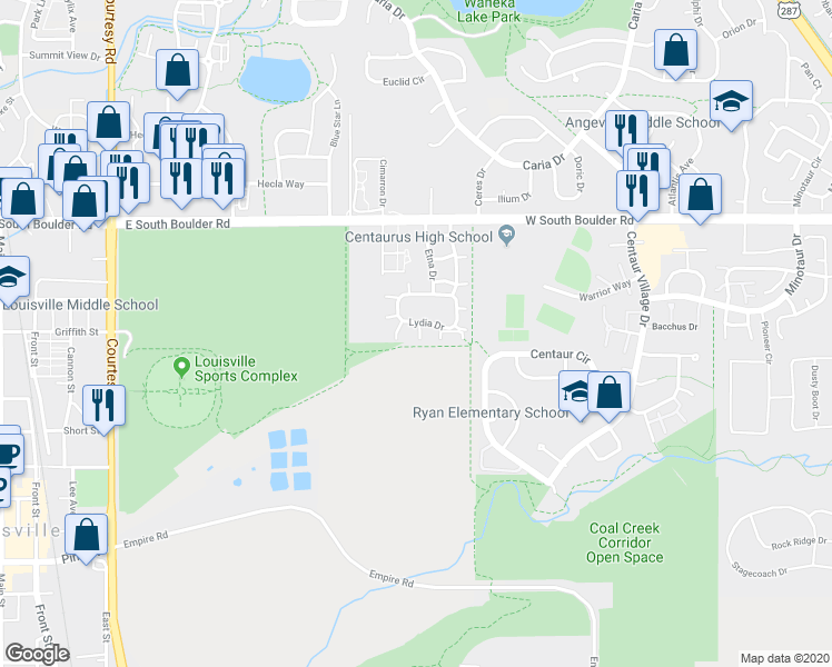 map of restaurants, bars, coffee shops, grocery stores, and more near 1502 Seneca Circle in Lafayette