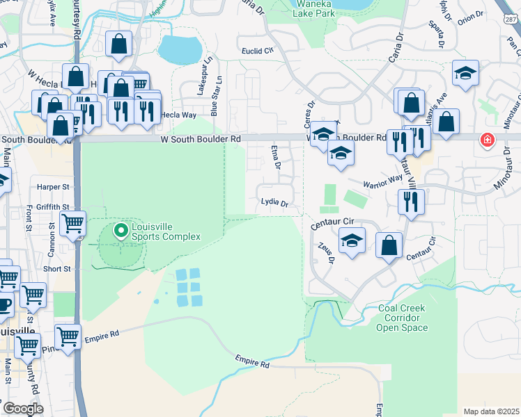 map of restaurants, bars, coffee shops, grocery stores, and more near 1400 Lydia Drive in Lafayette