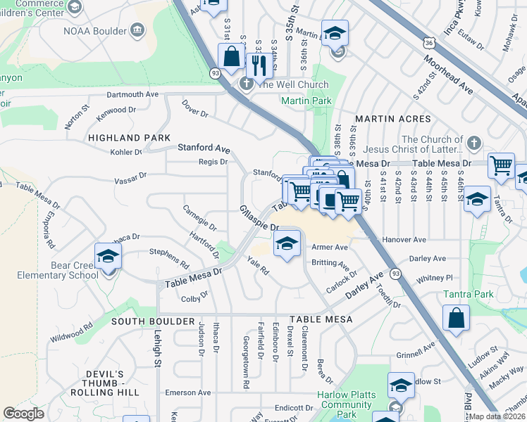 map of restaurants, bars, coffee shops, grocery stores, and more near 3455 Table Mesa Drive in Boulder