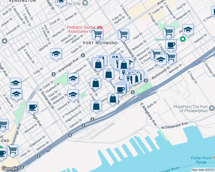 map of restaurants, bars, coffee shops, grocery stores, and more near 3114 East Thompson Street in Philadelphia