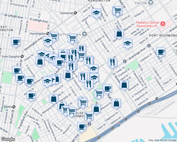 map of restaurants, bars, coffee shops, grocery stores, and more near 2186 East Lehigh Avenue in Philadelphia