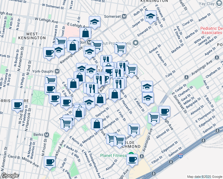 map of restaurants, bars, coffee shops, grocery stores, and more near 2127 East Sergeant Street in Philadelphia