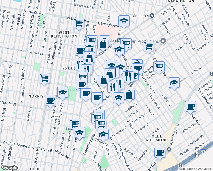map of restaurants, bars, coffee shops, grocery stores, and more near 2032 East Boston Street in Philadelphia