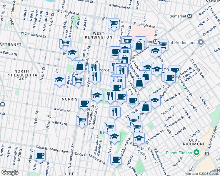 map of restaurants, bars, coffee shops, grocery stores, and more near 2222 North Howard Street in Philadelphia