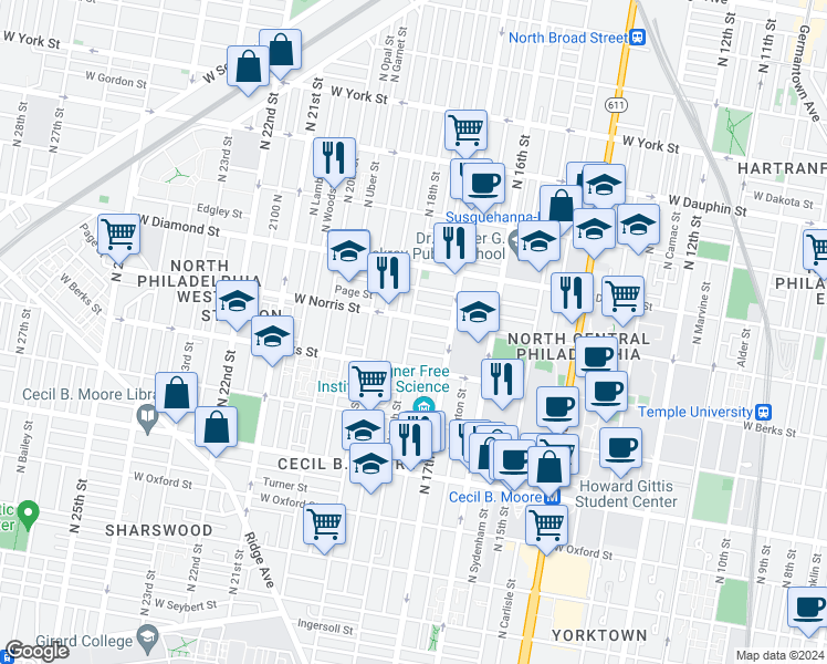 map of restaurants, bars, coffee shops, grocery stores, and more near in Philadelphia