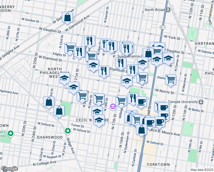 map of restaurants, bars, coffee shops, grocery stores, and more near in Philadelphia