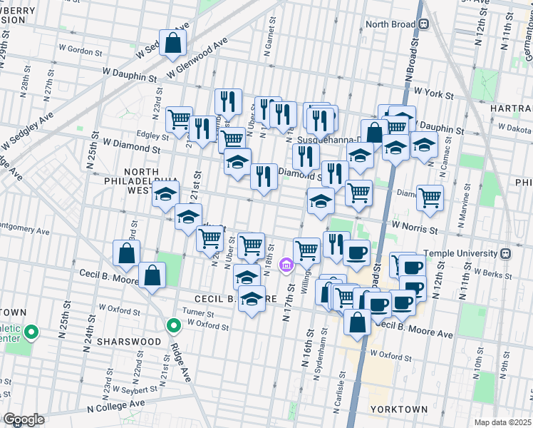 map of restaurants, bars, coffee shops, grocery stores, and more near in Philadelphia