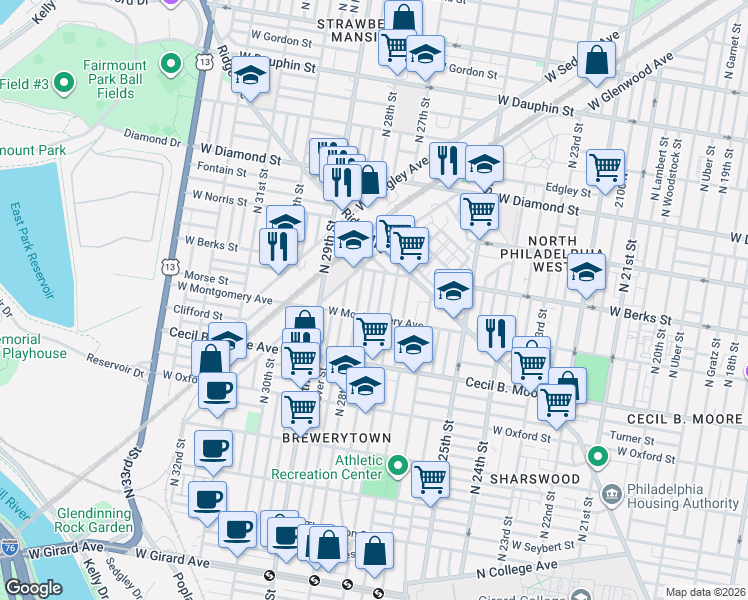 map of restaurants, bars, coffee shops, grocery stores, and more near 1844 North 27th Street in Philadelphia