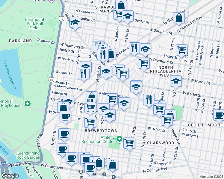 map of restaurants, bars, coffee shops, grocery stores, and more near 1825 North Marston Street in Philadelphia