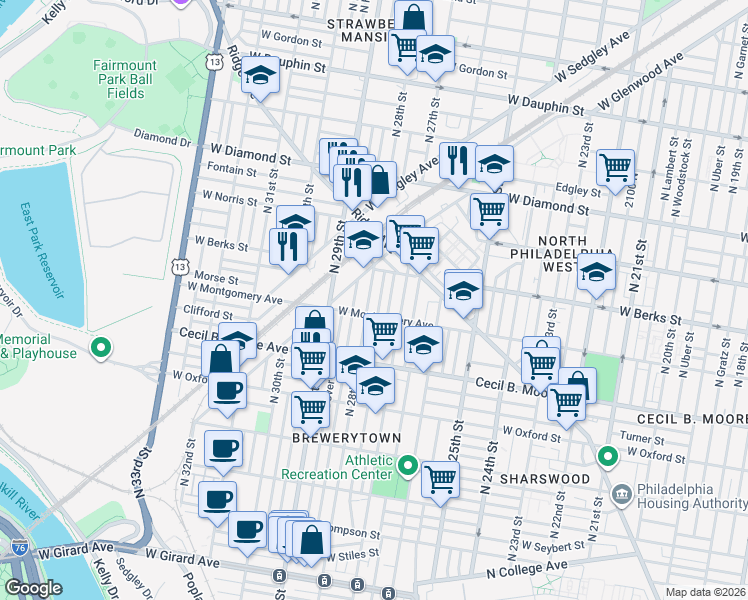 map of restaurants, bars, coffee shops, grocery stores, and more near 1838 North 28th Street in Philadelphia