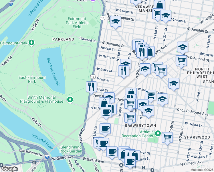 map of restaurants, bars, coffee shops, grocery stores, and more near 3139 West Montgomery Avenue in Philadelphia