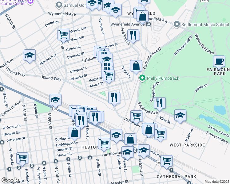 map of restaurants, bars, coffee shops, grocery stores, and more near 5368 Hazelhurst Street in Philadelphia