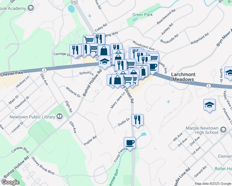 map of restaurants, bars, coffee shops, grocery stores, and more near 17 Reese Avenue in Newtown Square