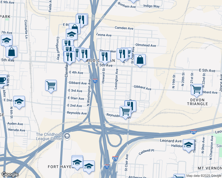 map of restaurants, bars, coffee shops, grocery stores, and more near 805 Gibbard Avenue in Columbus