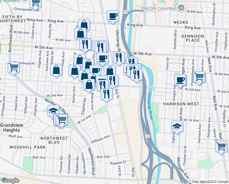 map of restaurants, bars, coffee shops, grocery stores, and more near 807 West 3rd Avenue in Columbus