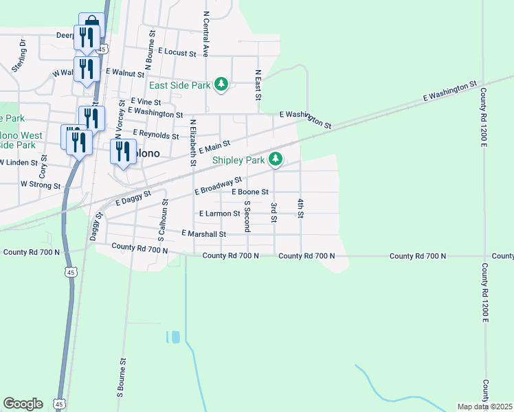 map of restaurants, bars, coffee shops, grocery stores, and more near 614 East Larmon Street in Tolono