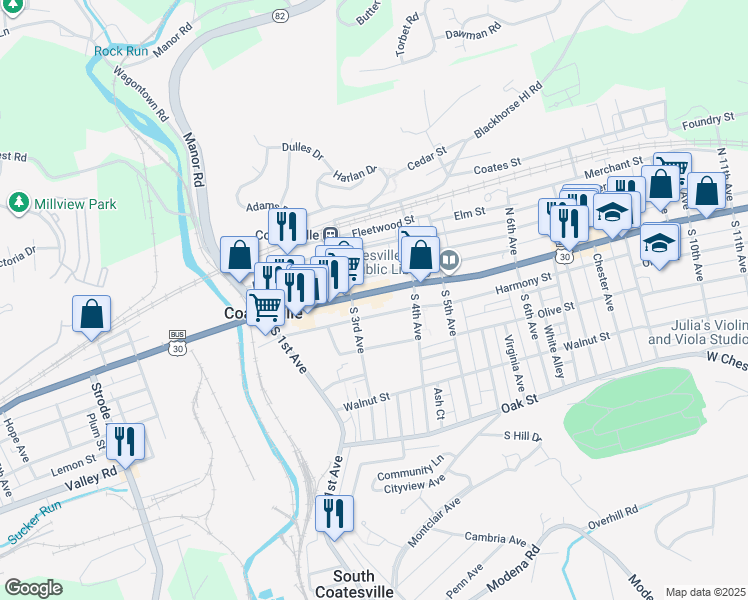 map of restaurants, bars, coffee shops, grocery stores, and more near 339 U.S. 30 Business in Coatesville