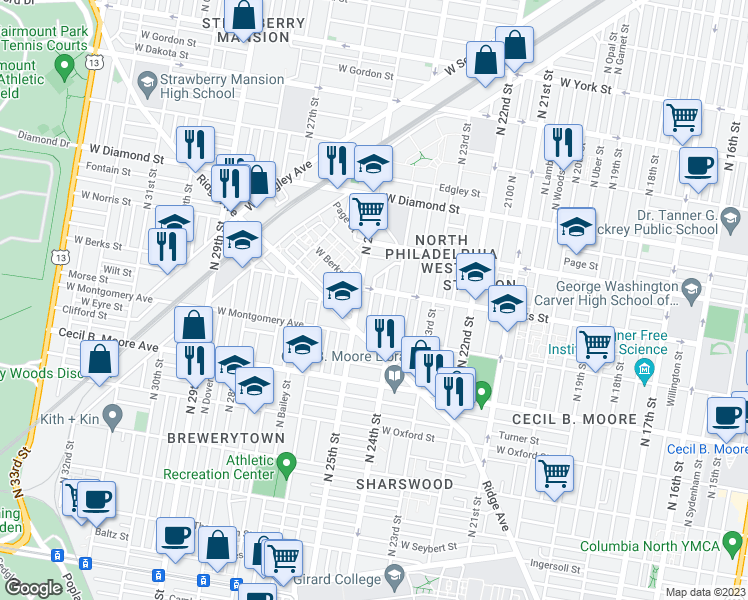 map of restaurants, bars, coffee shops, grocery stores, and more near 1853 North Taylor Street in Philadelphia