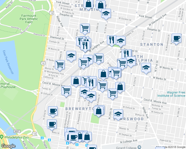 map of restaurants, bars, coffee shops, grocery stores, and more near 1825 North Marston Street in Philadelphia