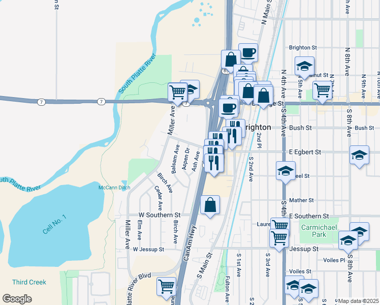 map of restaurants, bars, coffee shops, grocery stores, and more near 200 Aspen Drive in Brighton