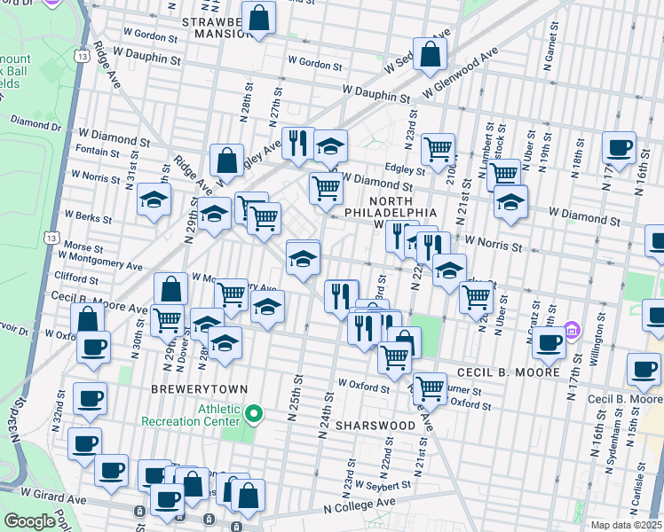 map of restaurants, bars, coffee shops, grocery stores, and more near 1853 North Taylor Street in Philadelphia