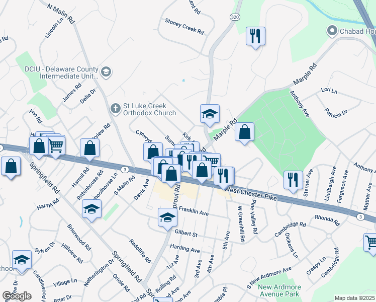 map of restaurants, bars, coffee shops, grocery stores, and more near 2609 Summit Avenue in Broomall