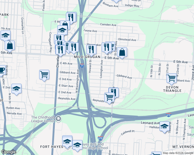 map of restaurants, bars, coffee shops, grocery stores, and more near 805 Gibbard Avenue in Columbus