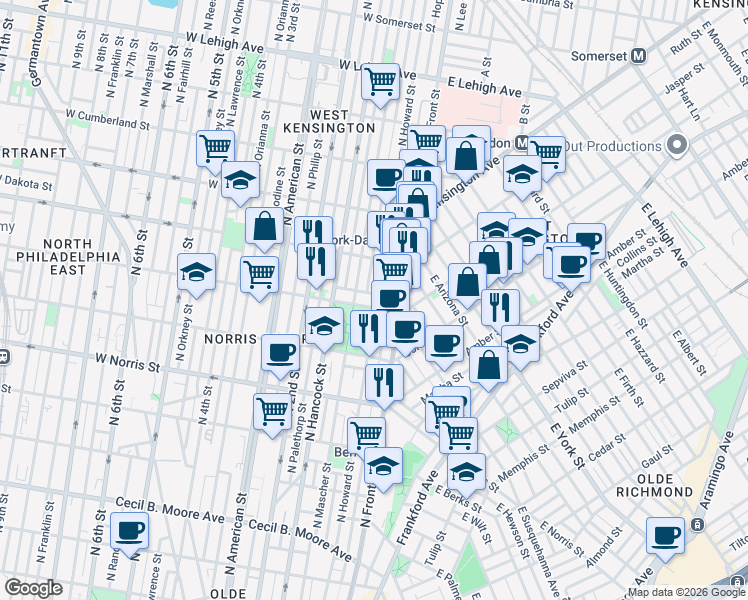 map of restaurants, bars, coffee shops, grocery stores, and more near 2222 North Howard Street in Philadelphia