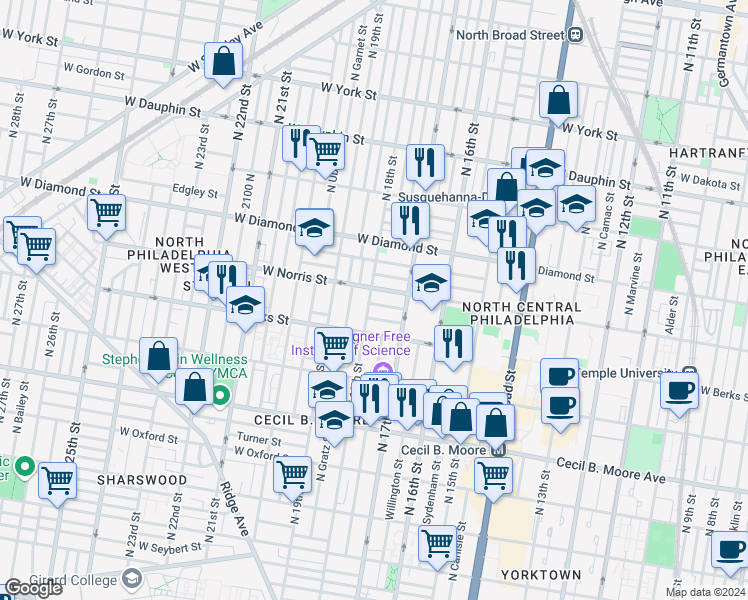 map of restaurants, bars, coffee shops, grocery stores, and more near 1939 North 18th Street in Philadelphia