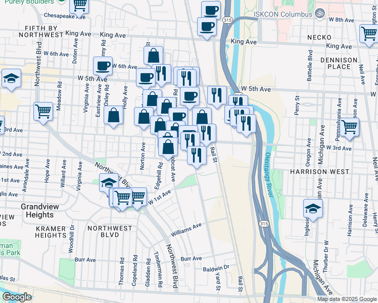 map of restaurants, bars, coffee shops, grocery stores, and more near 1125 Yard Street in Grandview Heights